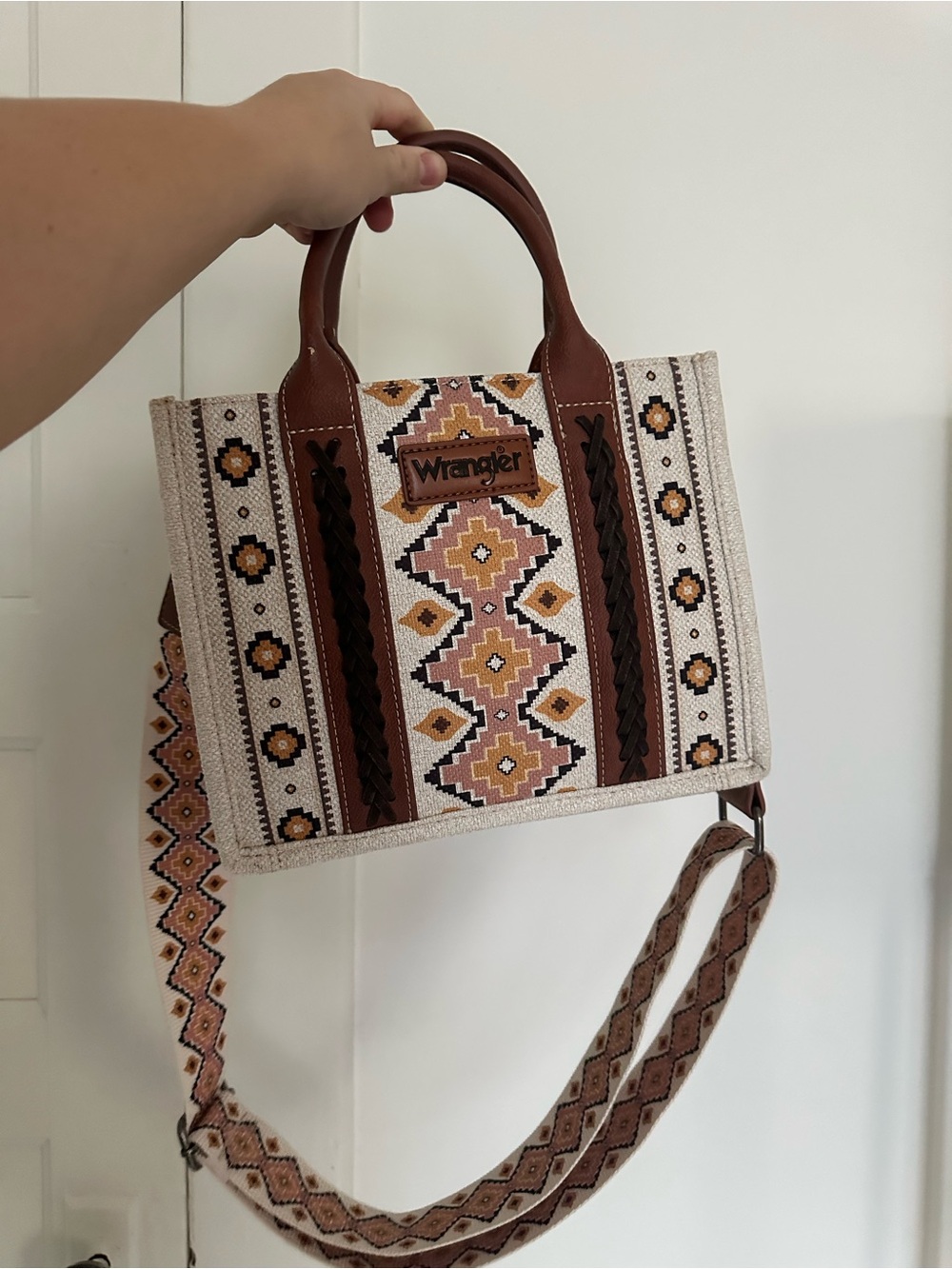 Wrangler Geometric Embroidered Crossbody Tote in Brown and Cream